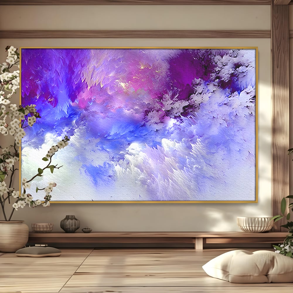 Tablou canvas cu pictura abstracta cu nori mov si albastri, in rama de aluminiu auriu